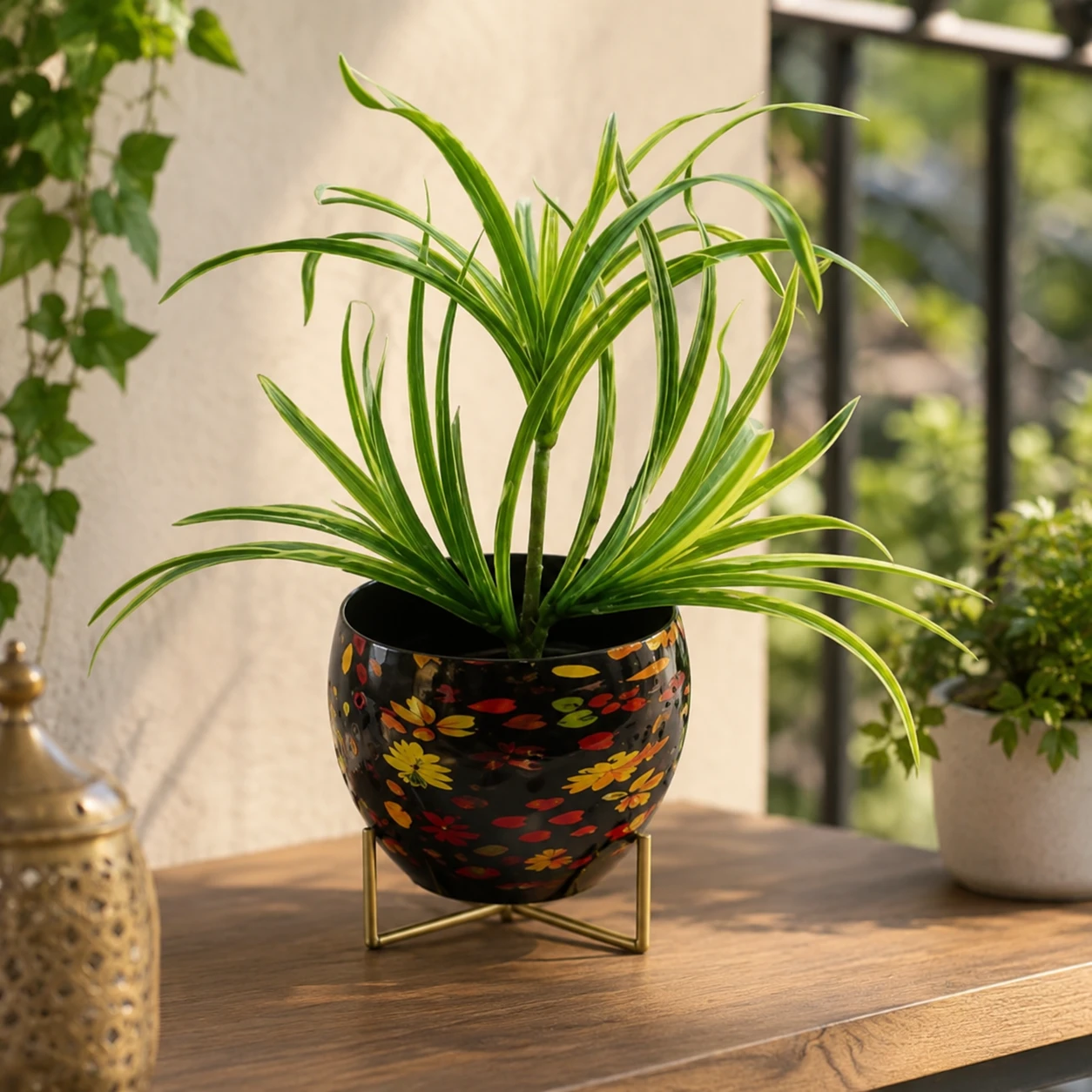 test Decorative Printed Metal Planter Pot with Gold Stand | Modern Indoor Flower Pot for Home, Living Room, Office, Balcony & Tabletop